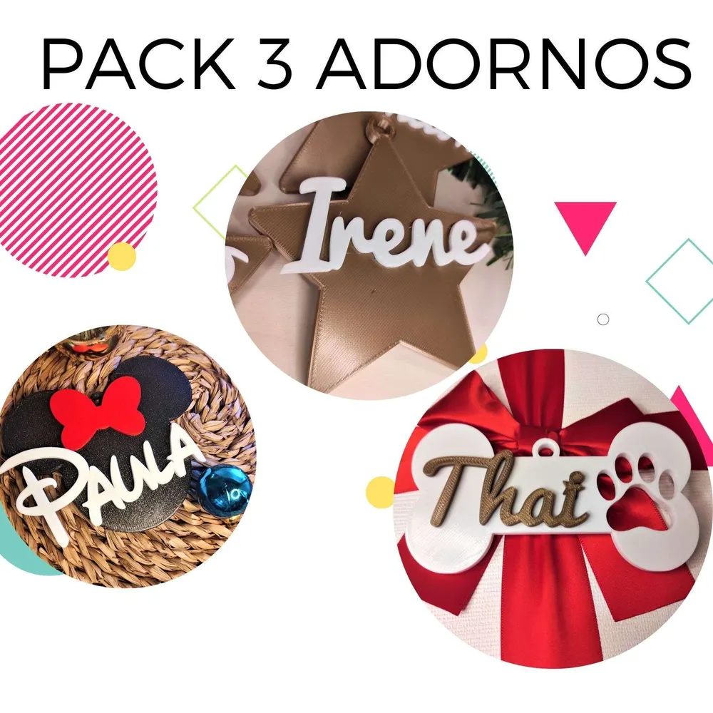 Pack 3 adornos de Navidad con nombre impreso en 3D
