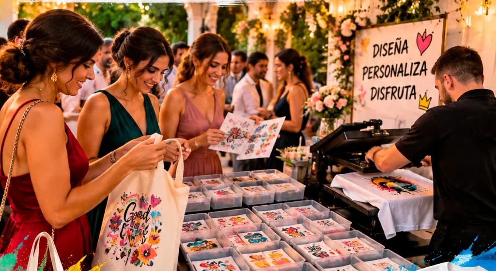 Invitados personalizando bolsas en el Custom Bar de ADS Creaciones